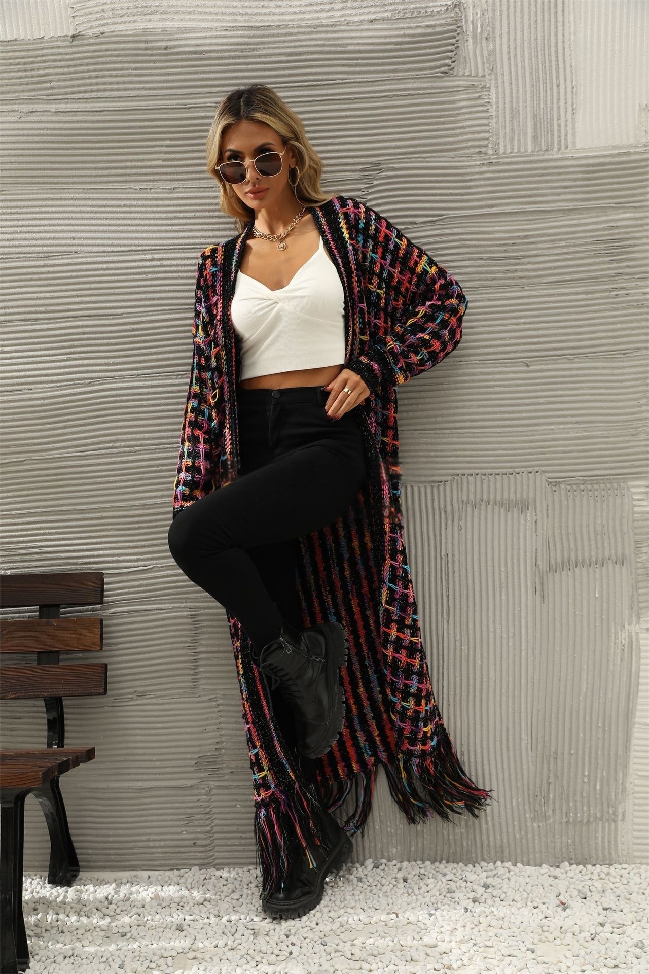 Elegant Colorful Long Cardigan Sweater Womens Large Size Knitted Sweater Coat